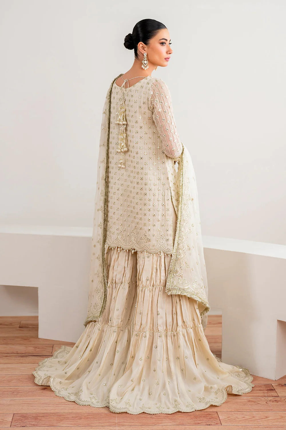 Ivory Chiffon Silk Embroidered Kurta With Pleated Gharara Set