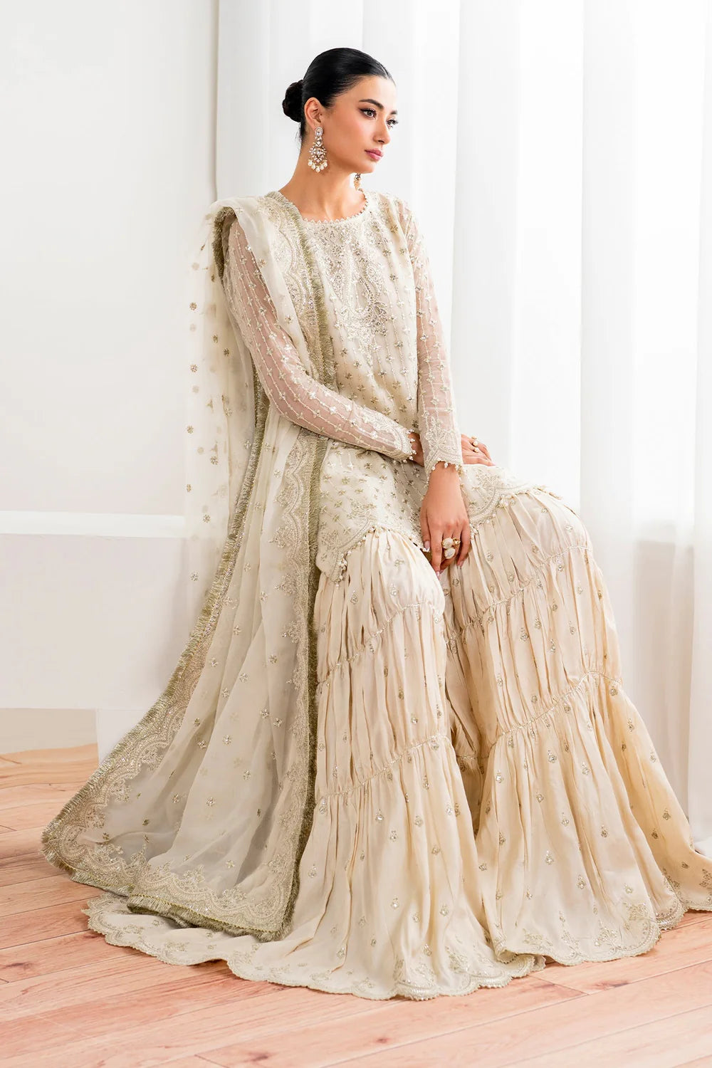 Ivory Chiffon Silk Embroidered Kurta With Pleated Gharara Set