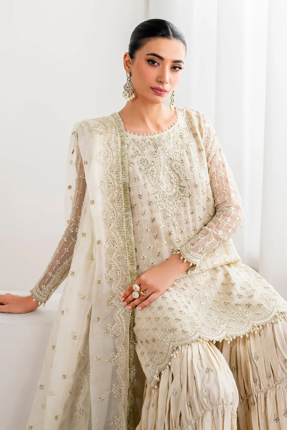 Ivory Chiffon Silk Embroidered Kurta With Pleated Gharara Set