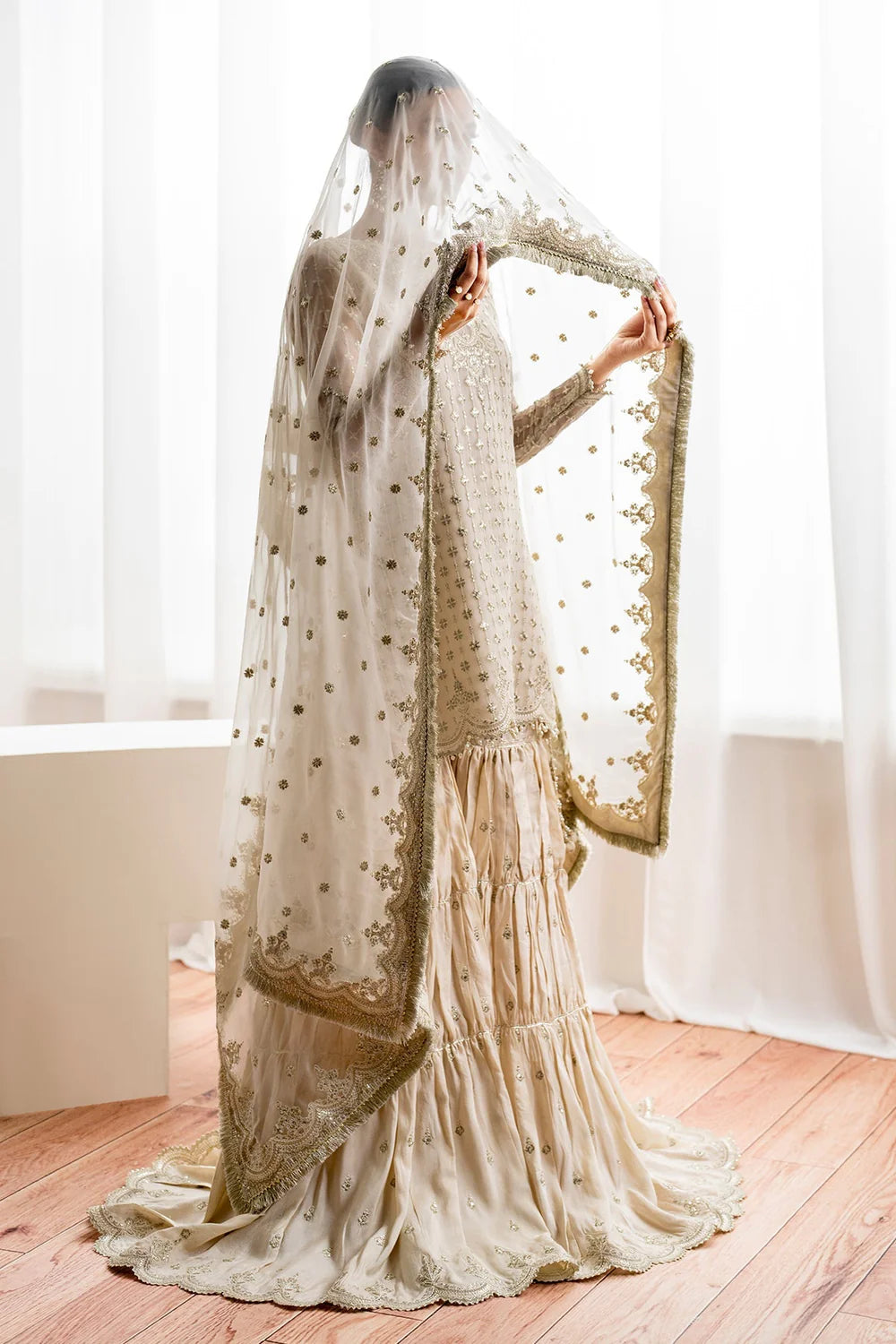 Ivory Chiffon Silk Embroidered Kurta With Pleated Gharara Set