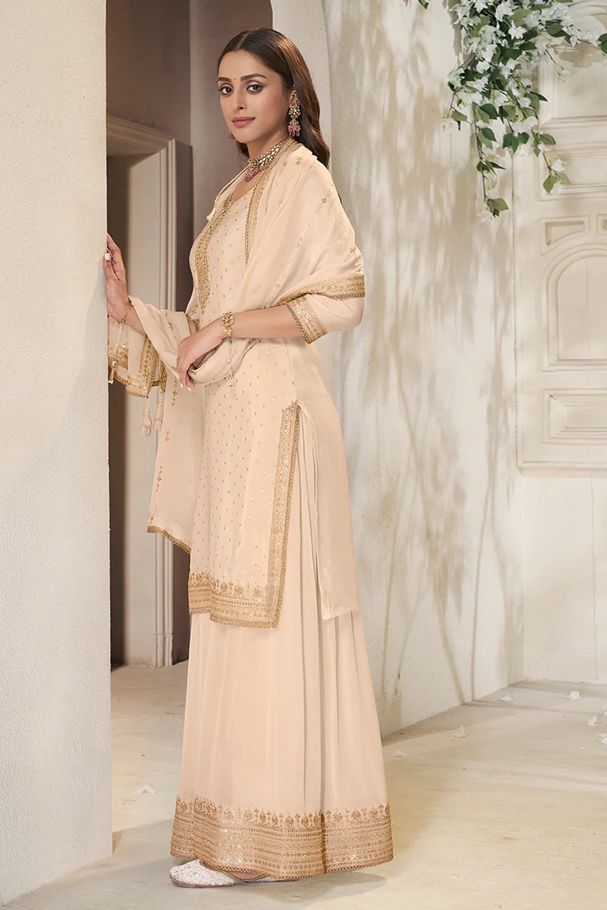 Ivory Chinon Silk Embroidered Sharara Suit
