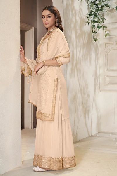 Ivory Chinon Silk Embroidered Sharara SuitIvory Chinon Silk Embroidered Sharara Suit