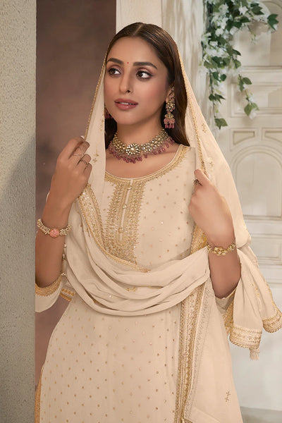 Ivory Chinon Silk Embroidered Sharara SuitIvory Chinon Silk Embroidered Sharara Suit