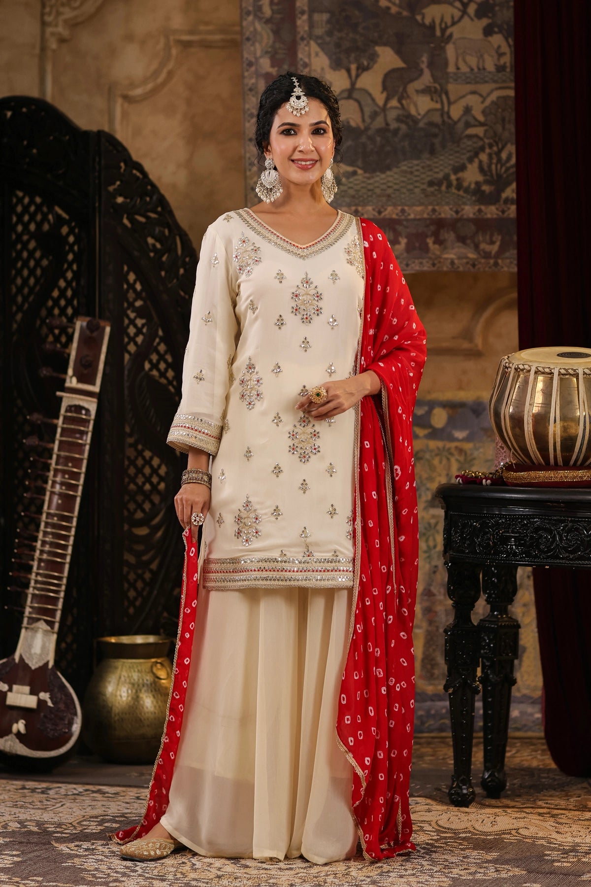 Buy Ivory Georgette Gota Work Kurta Palazzo Set at PinkPhulkari 