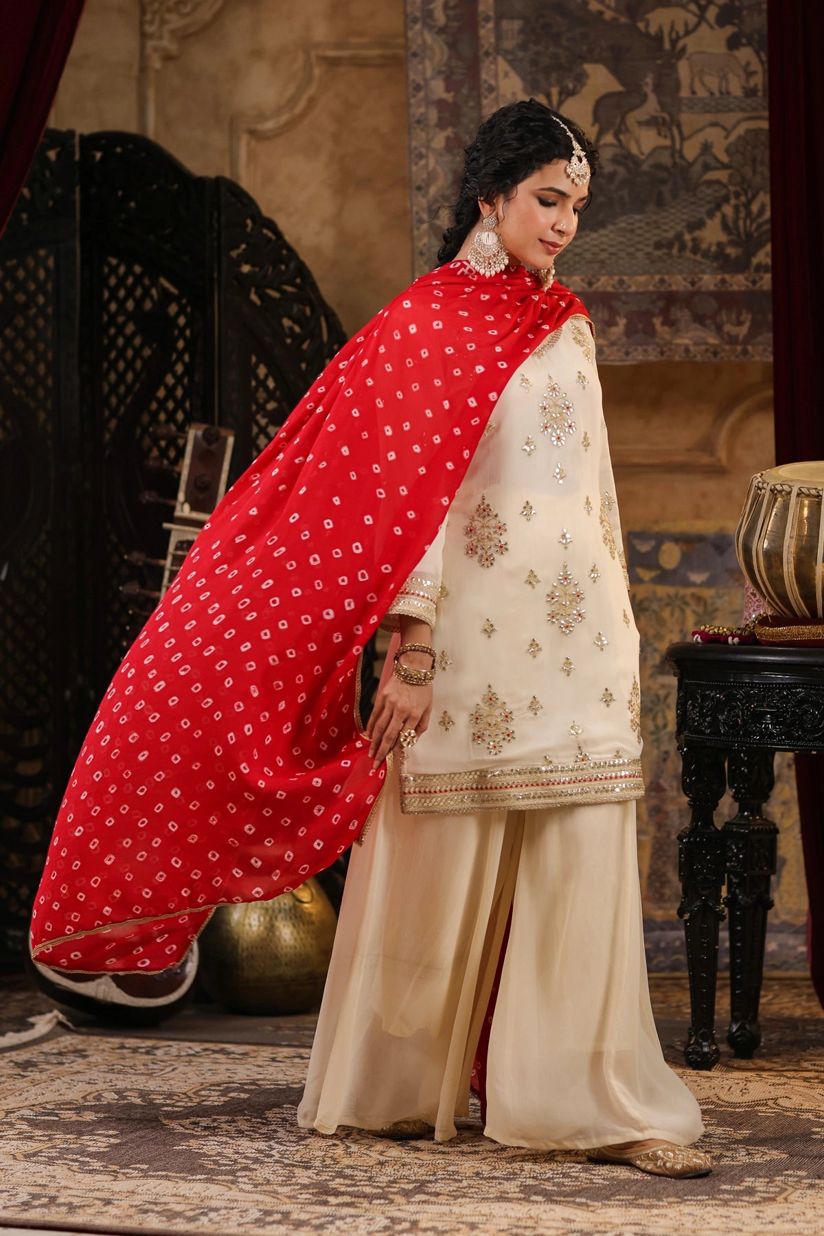 Buy Ivory Georgette Gota Work Kurta Palazzo Set at PinkPhulkari 