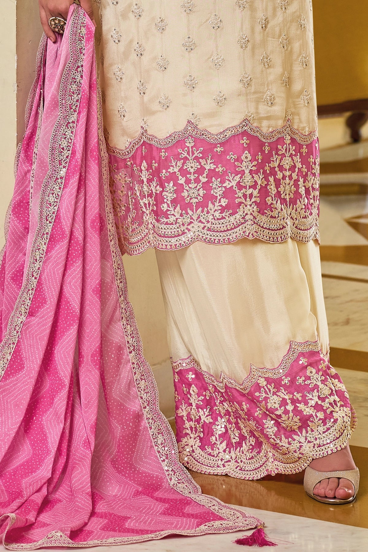 Ivory & Pink Chinon Silk Embroidered Palazzo Suit