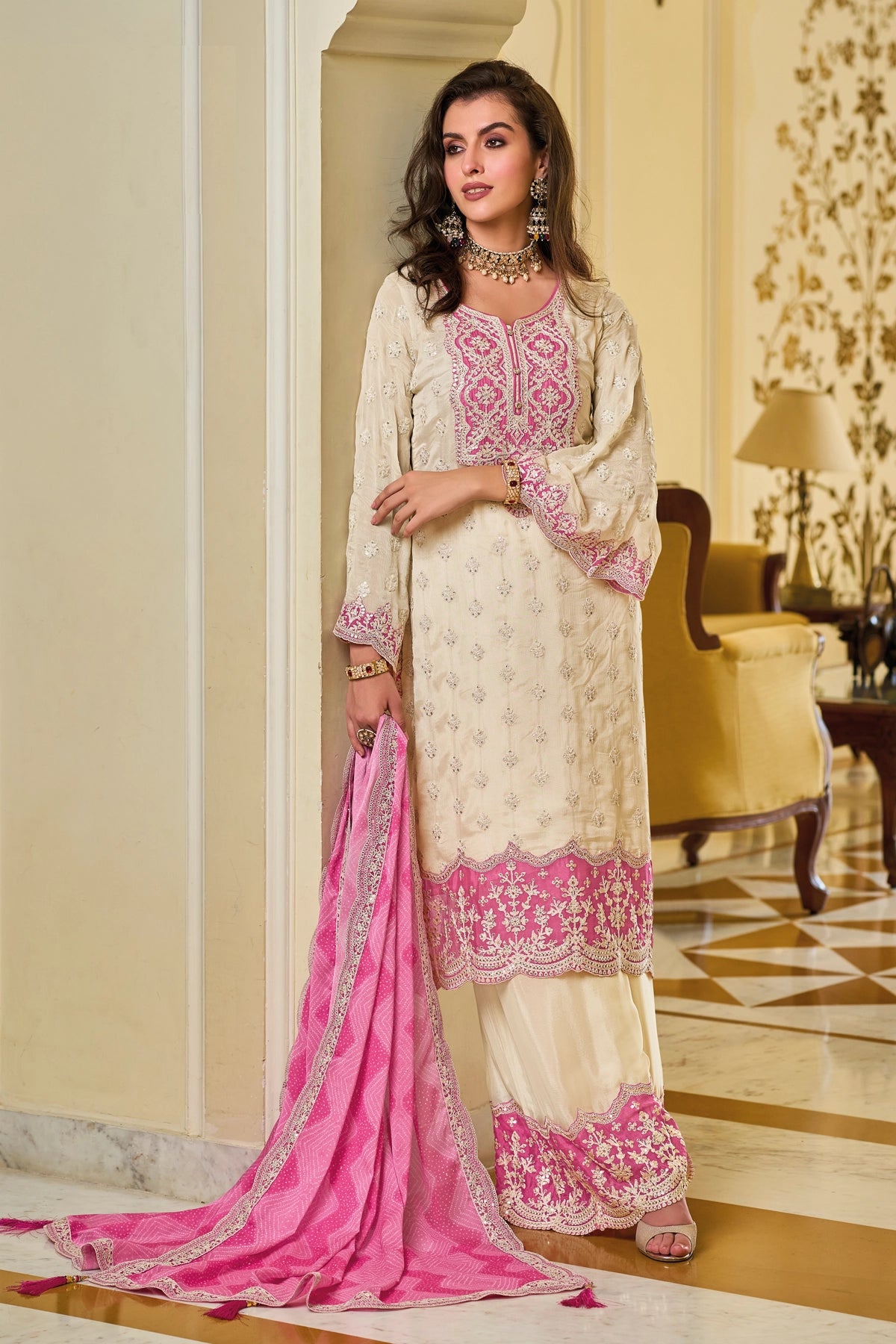 Buy Ivory & Pink Chinon Silk Embroidered Palazzo Suit at PinkPhulkari