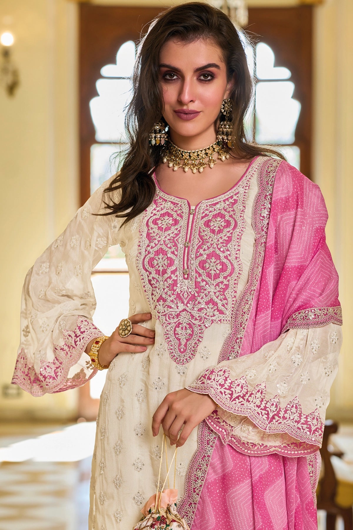 Buy Ivory & Pink Chinon Silk Embroidered Palazzo Suit at PinkPhulkari