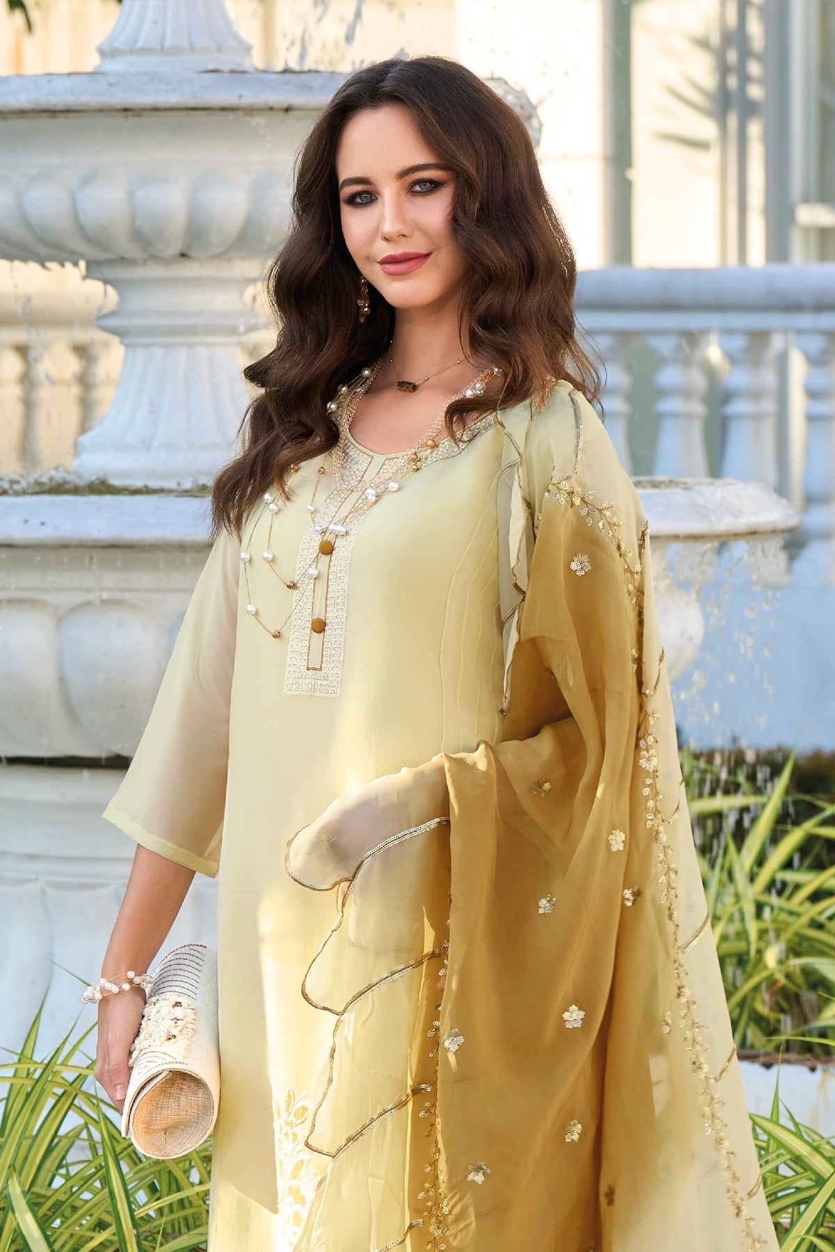 Beige Embroidered Organza Straight Pant Suit at PinkPhulkari 