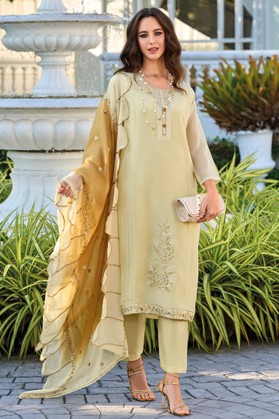 Beige Embroidered Organza Straight Pant Suit at PinkPhulkari 