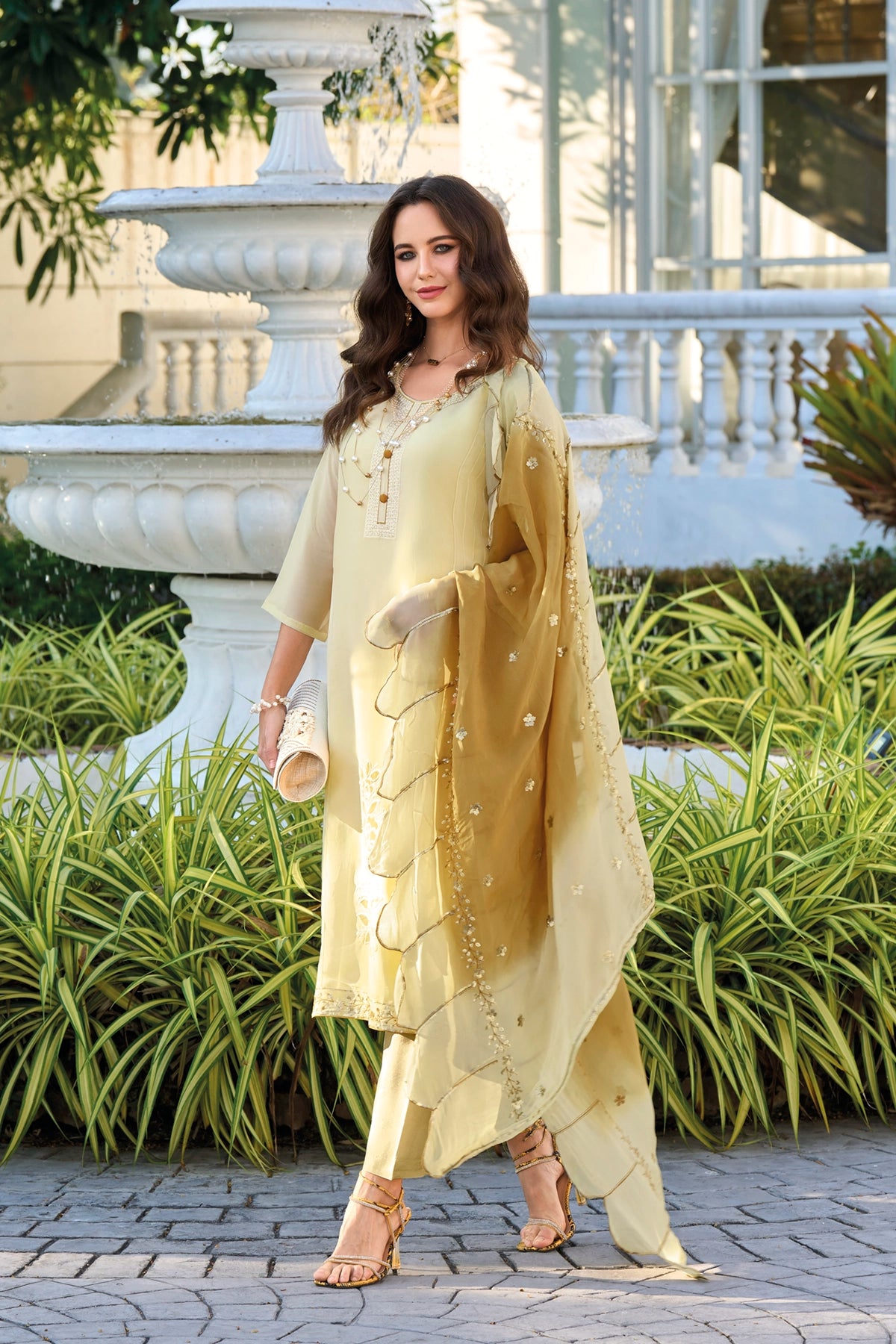 Beige Embroidered Organza Straight Pant Suit at PinkPhulkari 