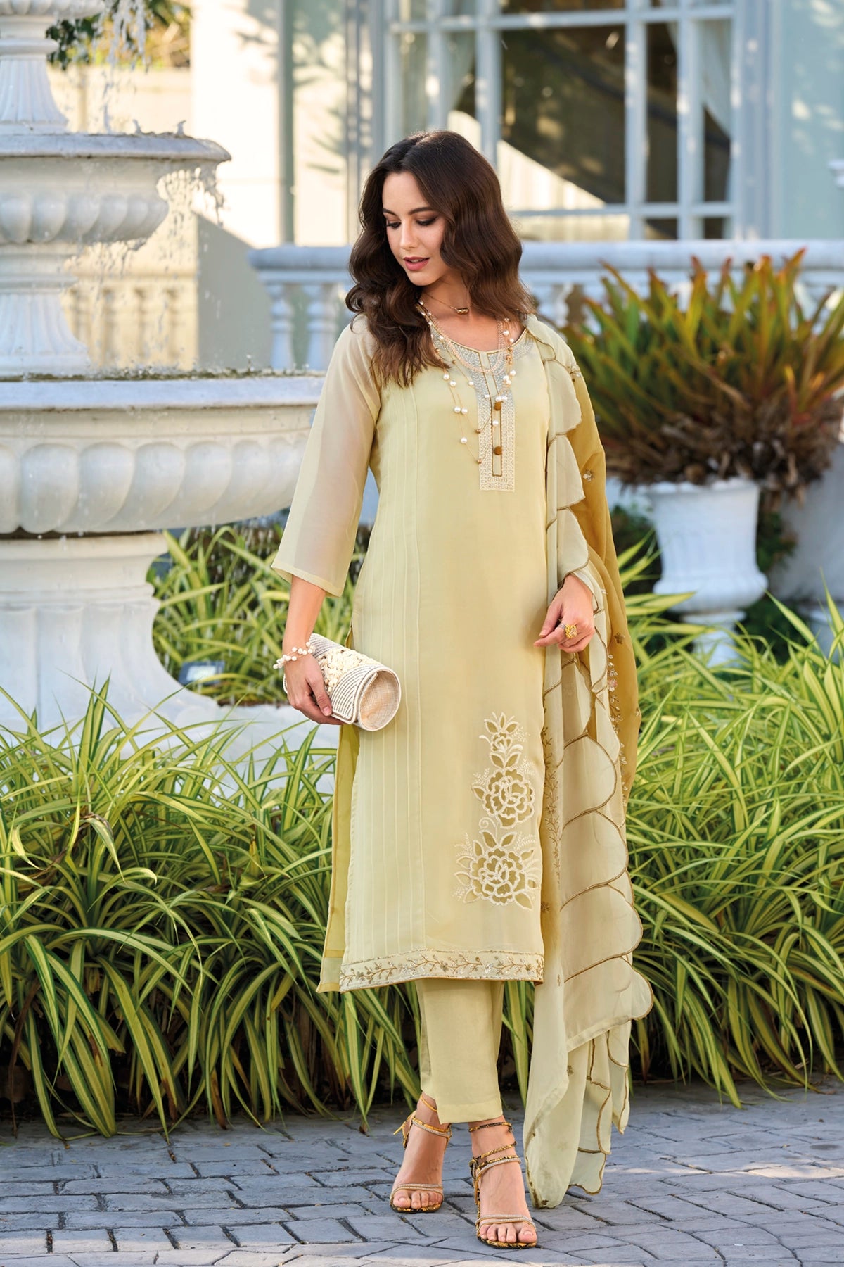 Beige Embroidered Organza Straight Pant Suit at PinkPhulkari 