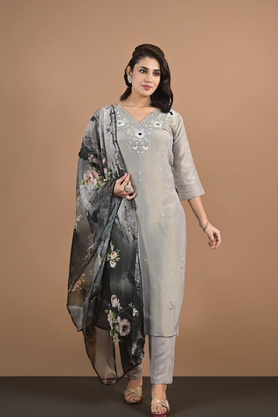 Light Gray Embroidered Kurts Suit Set