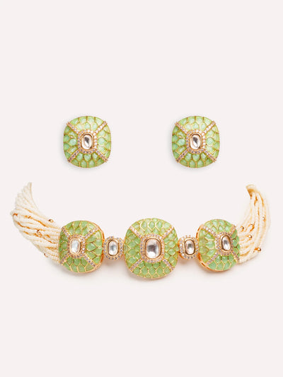 Gold Finish Green Stones Kundan Polki Necklace And Earring SetGold Finish Green Stones Kundan Polki Necklace And Earring Set