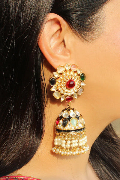 Gold Finish Kundan Polki Navratan Stones Jhumka EarringsGold Finish Kundan Polki Navratan Stones Jhumka Earrings