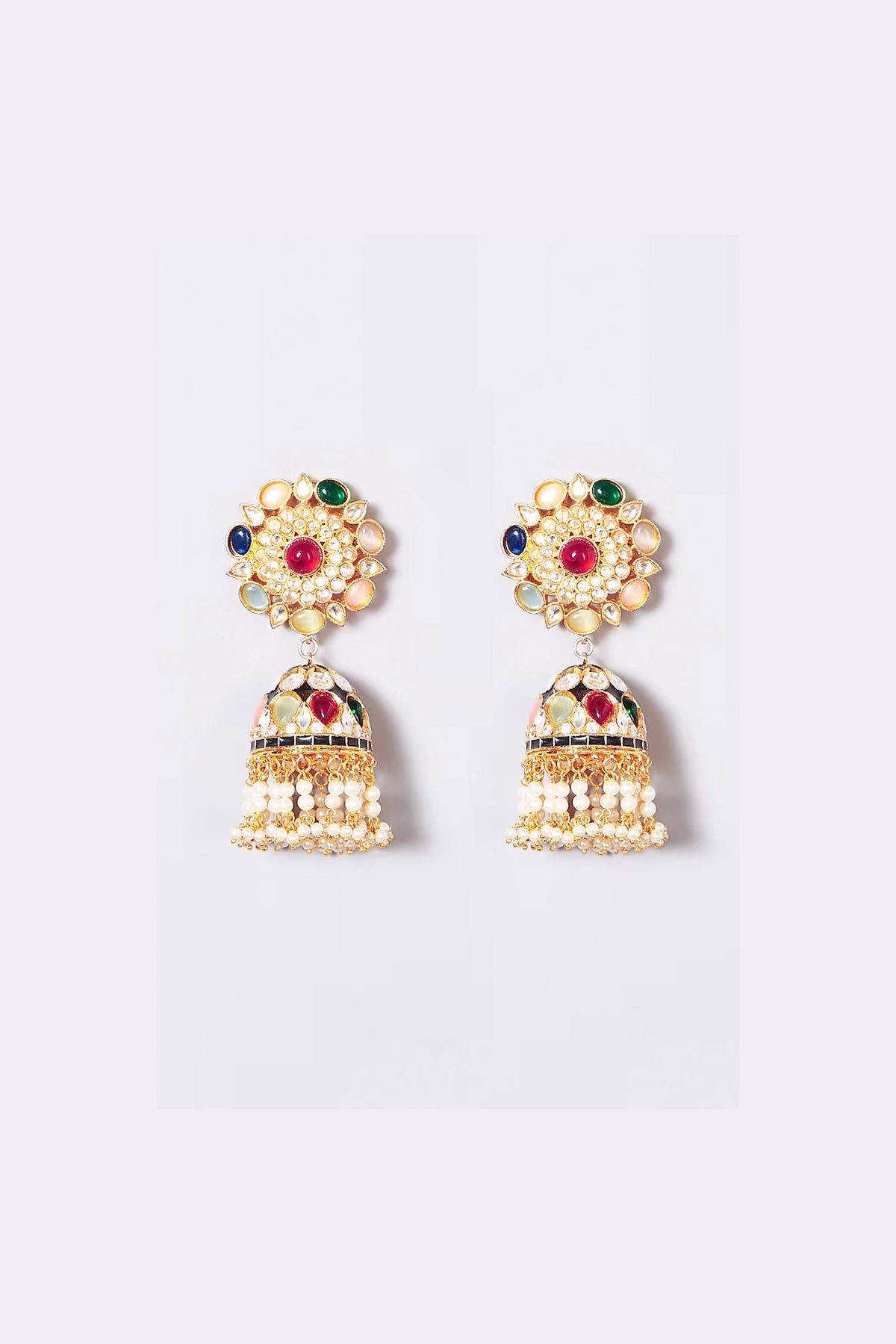 Gold Finish Kundan Polki Navratan Stones Jhumka Earrings