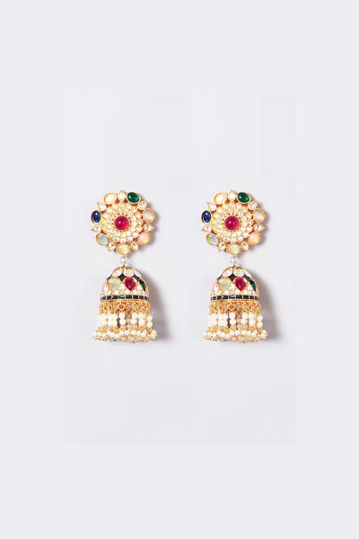 Gold Finish Kundan Polki Navratan Stones Jhumka EarringsGold Finish Kundan Polki Navratan Stones Jhumka Earrings