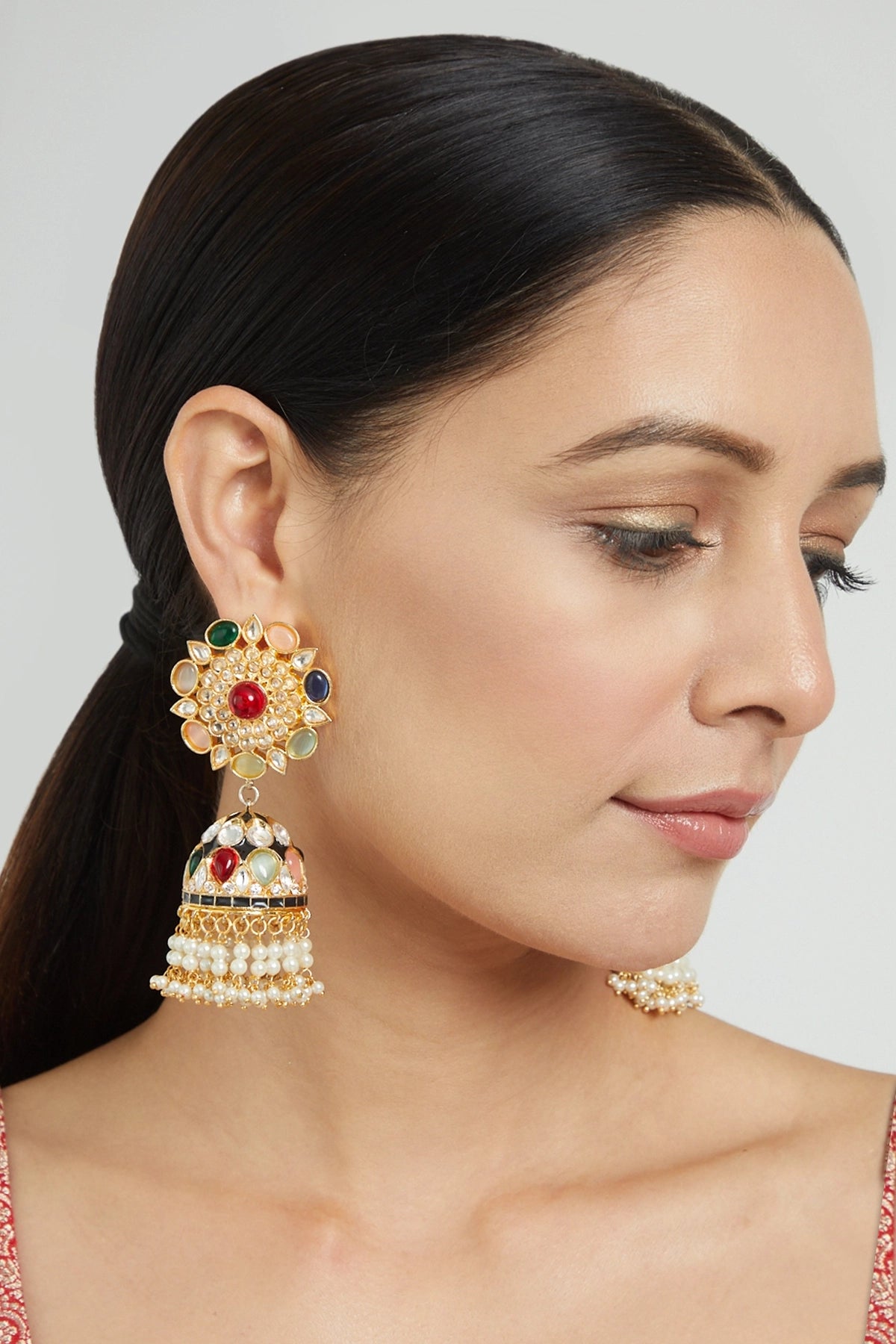 Gold Finish Kundan Polki Navratan Stones Jhumka Earrings