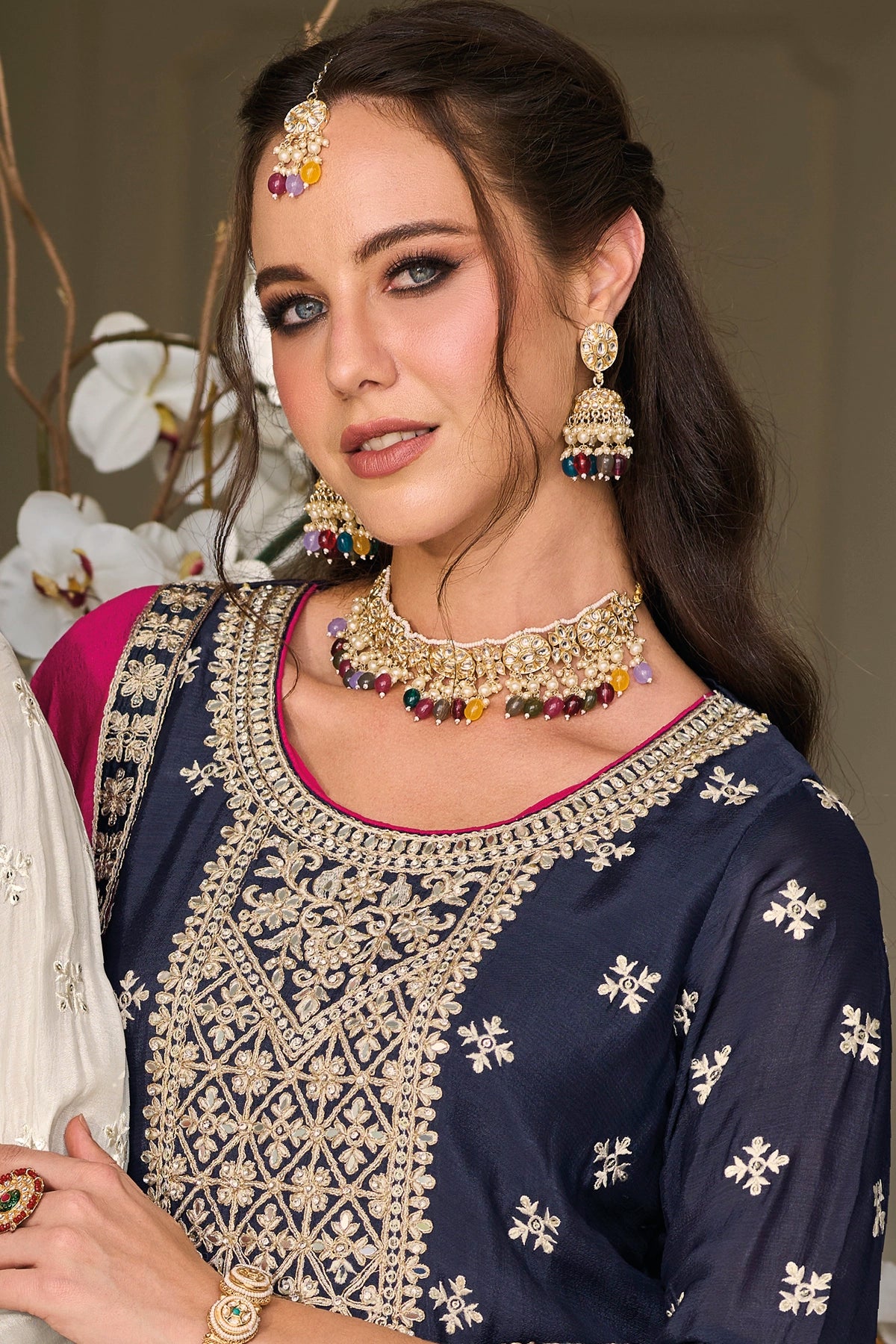 Navy Blue Embroidery Silk Party Wear Suit at PinkPhulkari California