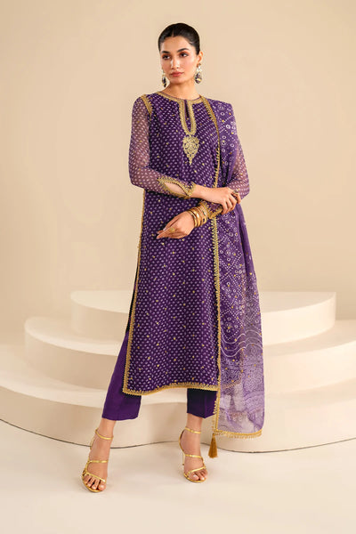  Purple Embroidered Chiffon Pant Style Suit 