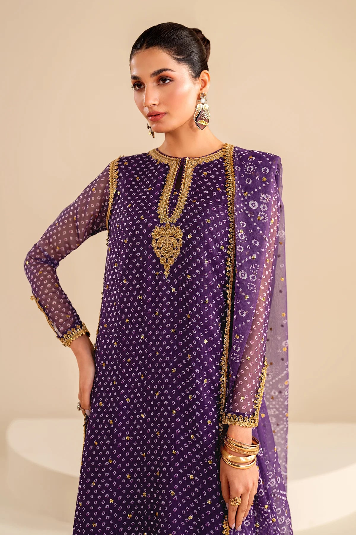 Purple Embroidered Chiffon Pant Style Suit