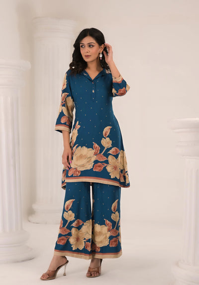 Blue Printed Rayon Summer Co-ord Set for Women | Floral Kurta & Pants