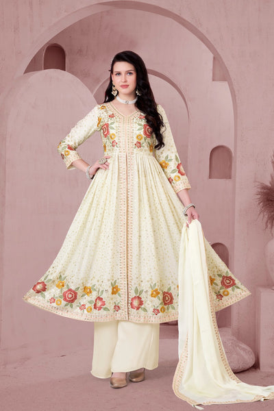  Ivory Chinon Silk Anarkali Front Slit Palazzo Style Suit Set 
