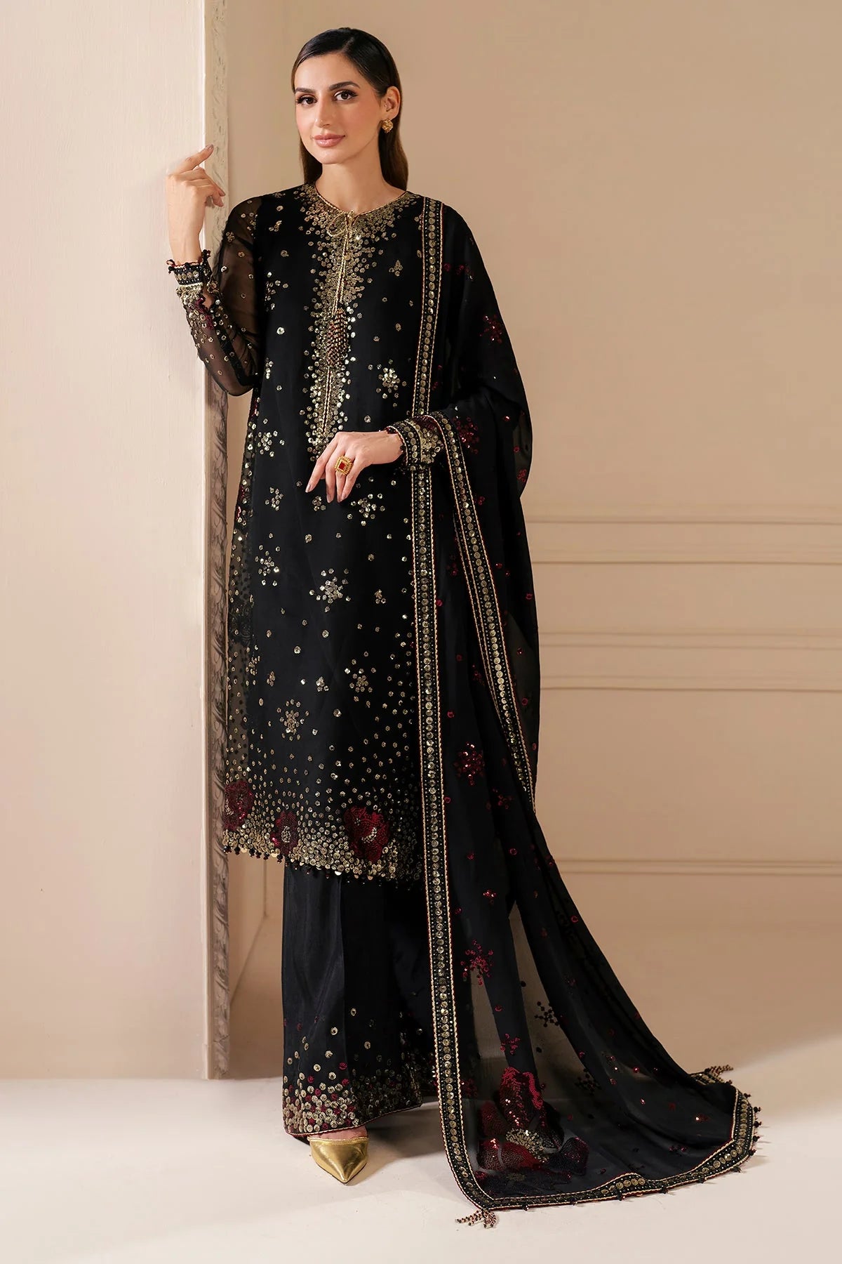 Black Embroidered Chiffon Silk Kurta Palazzo Suit Set | PinkPhulkari USA