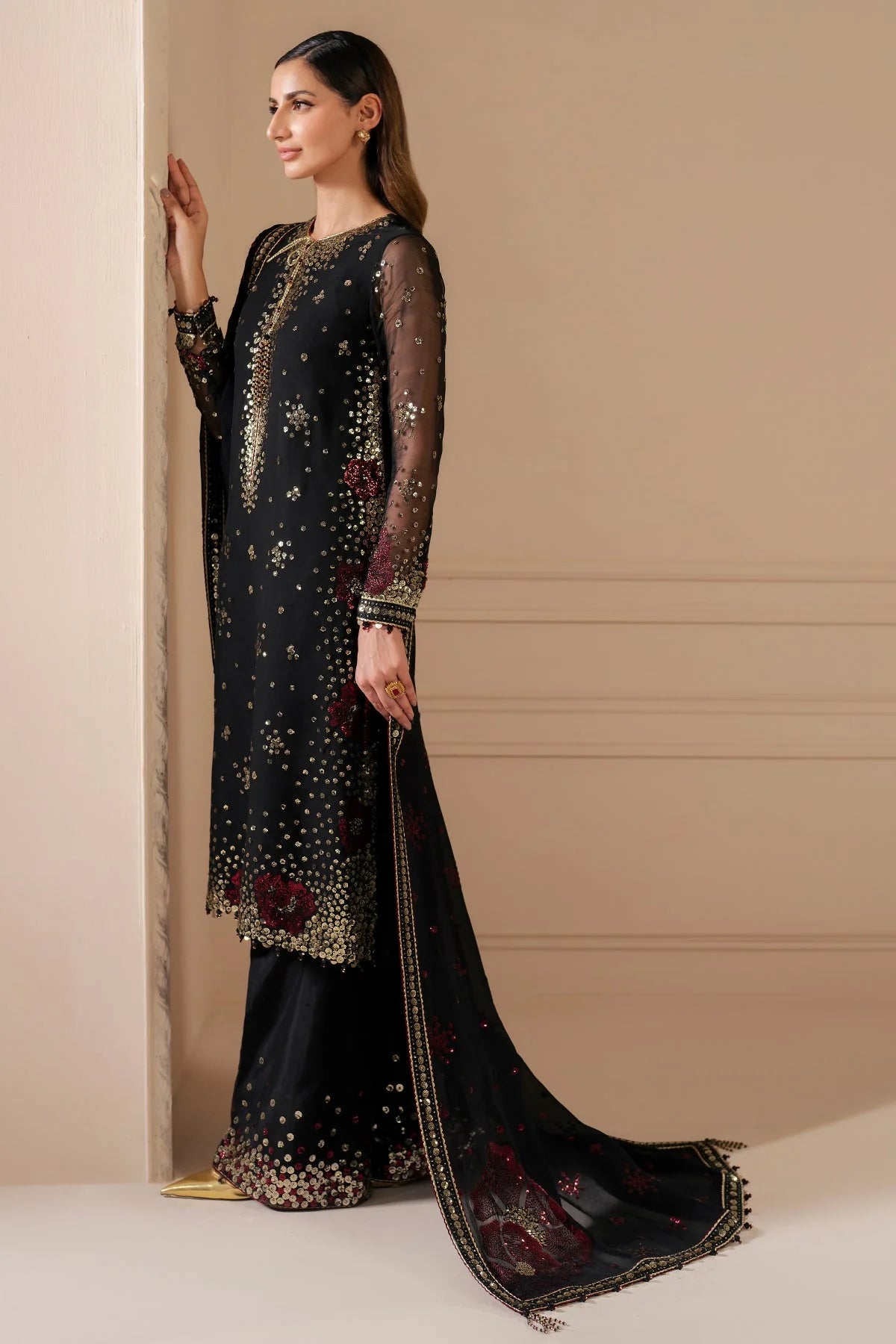 Black Embroidered Chiffon Silk Kurta Palazzo Suit Set | PinkPhulkari USA