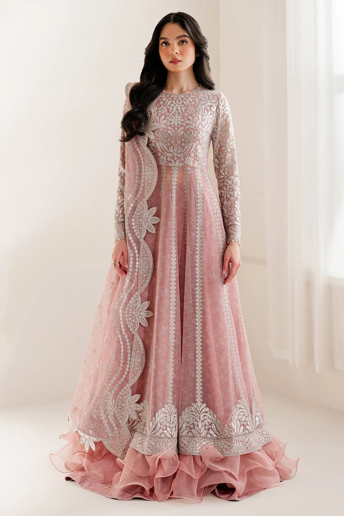 Buy Pink Embroidered Printed Chiffon Anarkali Suit Set with Dupatta Online