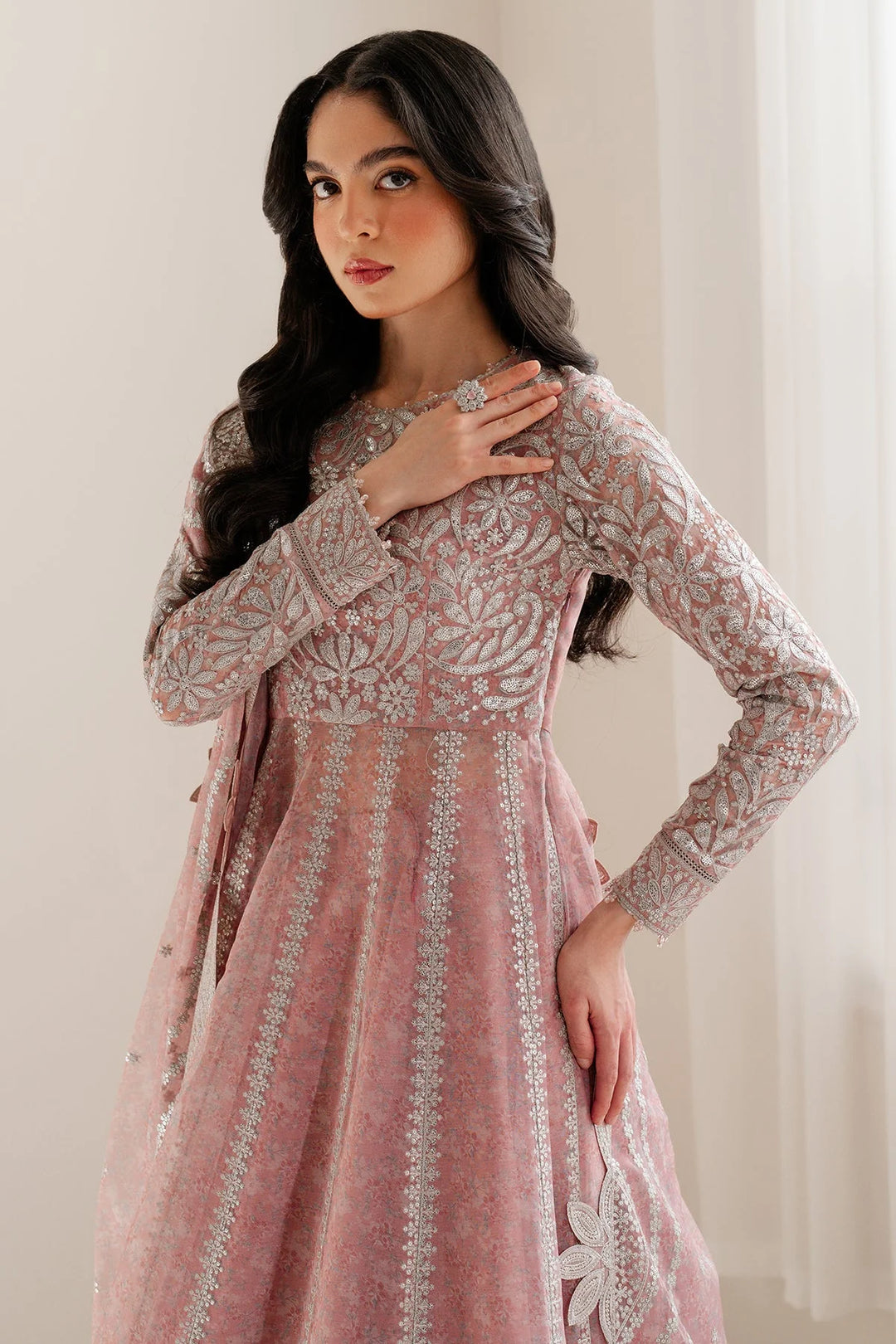 Pink Embroidered Printed Chiffon Anarkali Suit Set with Dupatta