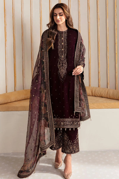 Woman wearing an embroidered velvet traditional outfit with a sheer dupatta against a neutral backgroundWoman wearing an embroidered velvet traditional outfit with a sheer dupatta against a neutral background