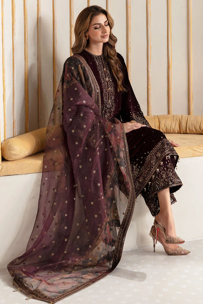 Woman wearing an embroidered velvet traditional outfit with a sheer dupatta against a neutral backgroundWoman wearing an embroidered velvet traditional outfit with a sheer dupatta against a neutral background