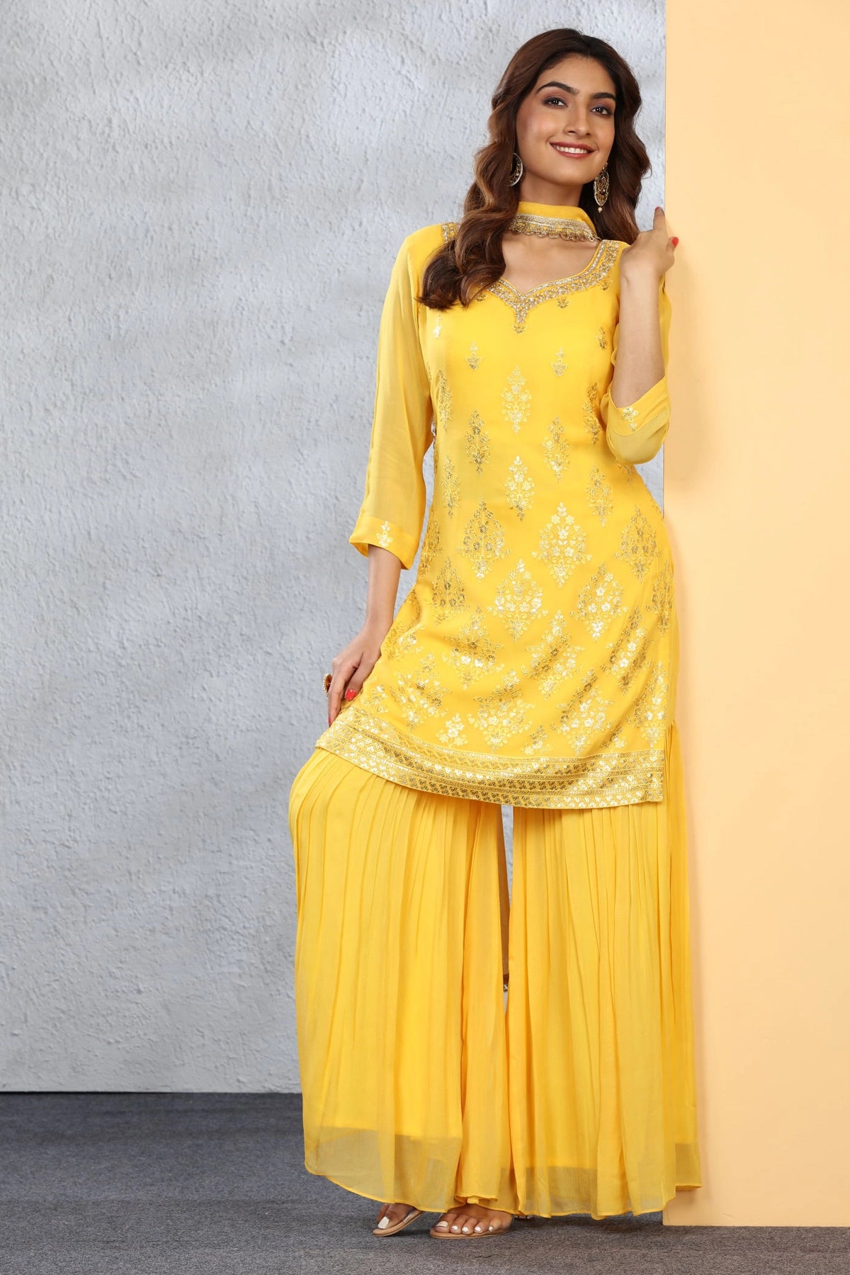 Buy Yellow Embroidered Gharara Style Suit at PinkPhulkari California