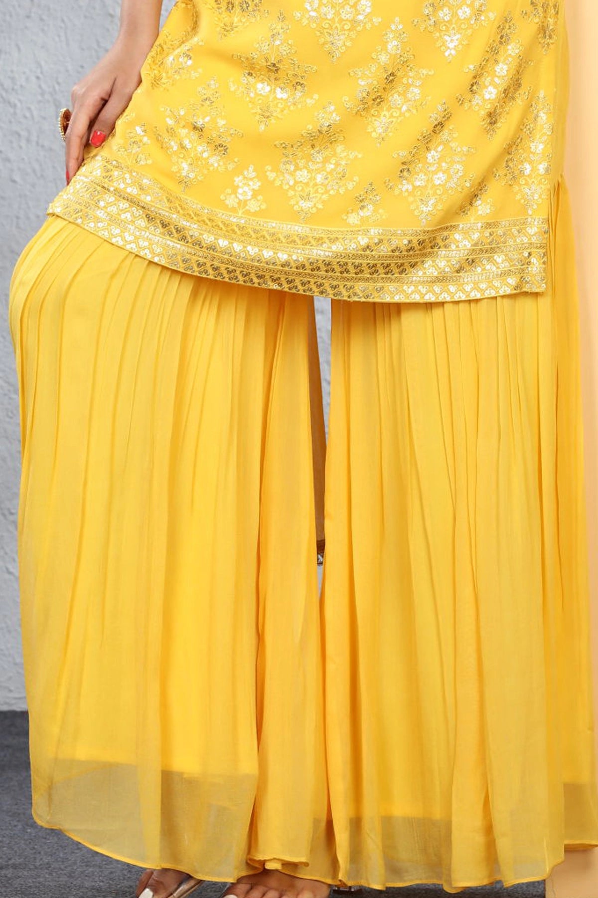 Buy Yellow Embroidered Gharara Style Suit at PinkPhulkari California