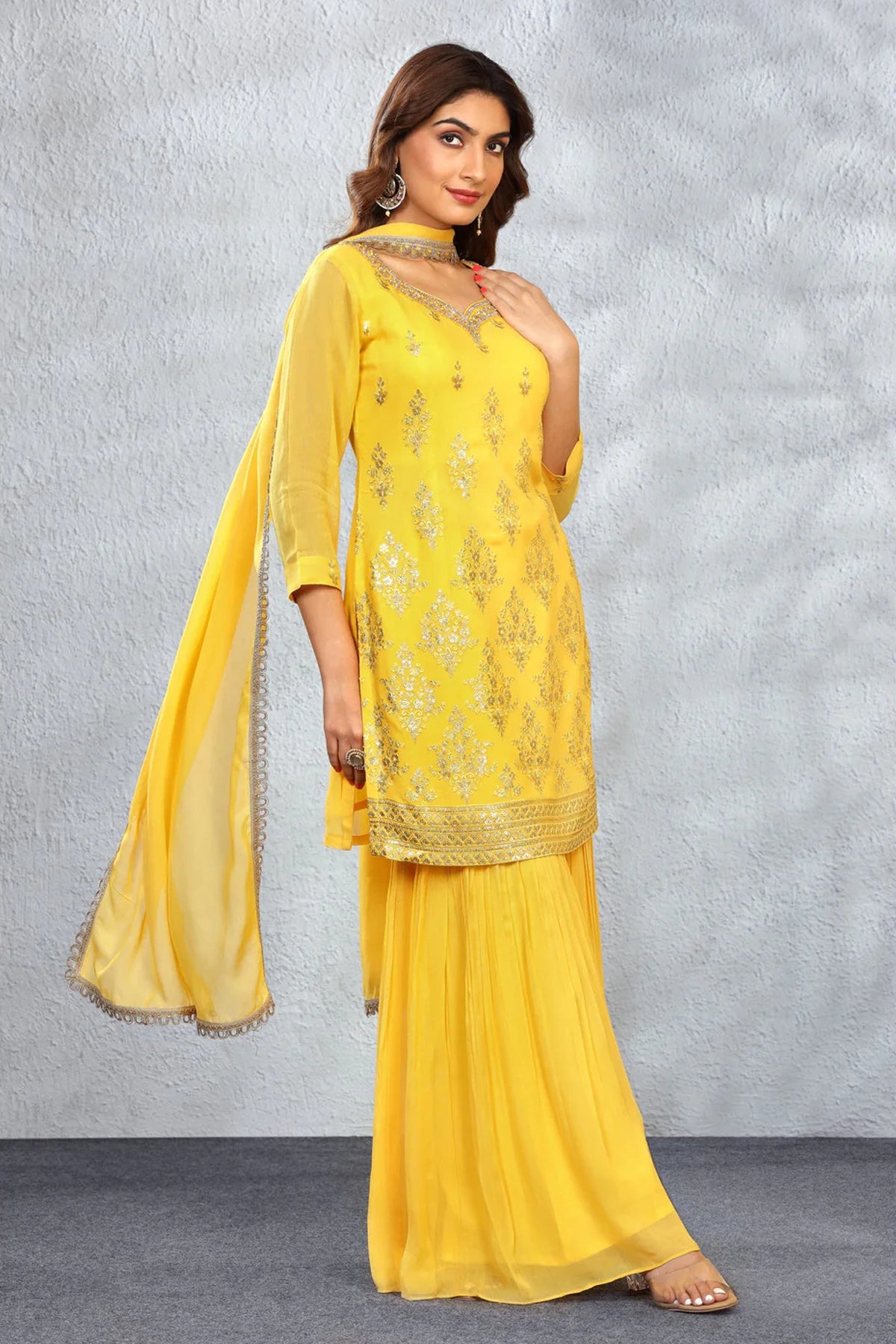 Buy Yellow Embroidered Gharara Style Suit at PinkPhulkari California