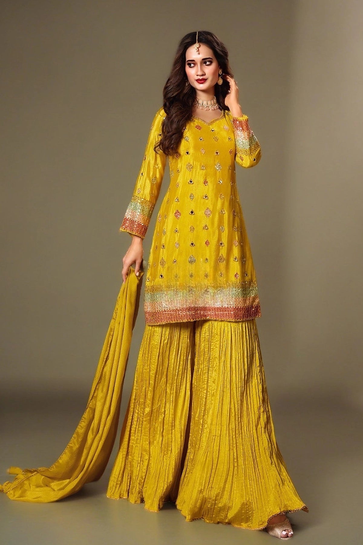 Yellow Silk Embroidered Sharara Suit at PinkPhulkari California