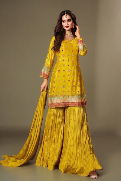 Yellow Silk Embroidered Sharara Suit at PinkPhulkari CaliforniaYellow Silk Embroidered Sharara Suit at PinkPhulkari California