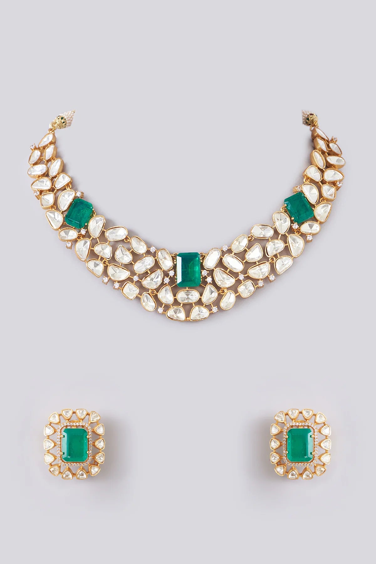 Gold Plated Kundan Polki & Pearl Choker Necklace Set at PinkPhulkari 