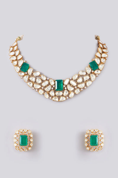 Gold Plated Kundan Polki & Pearl Choker Necklace Set at PinkPhulkari Gold Plated Kundan Polki & Pearl Choker Necklace Set at PinkPhulkari 