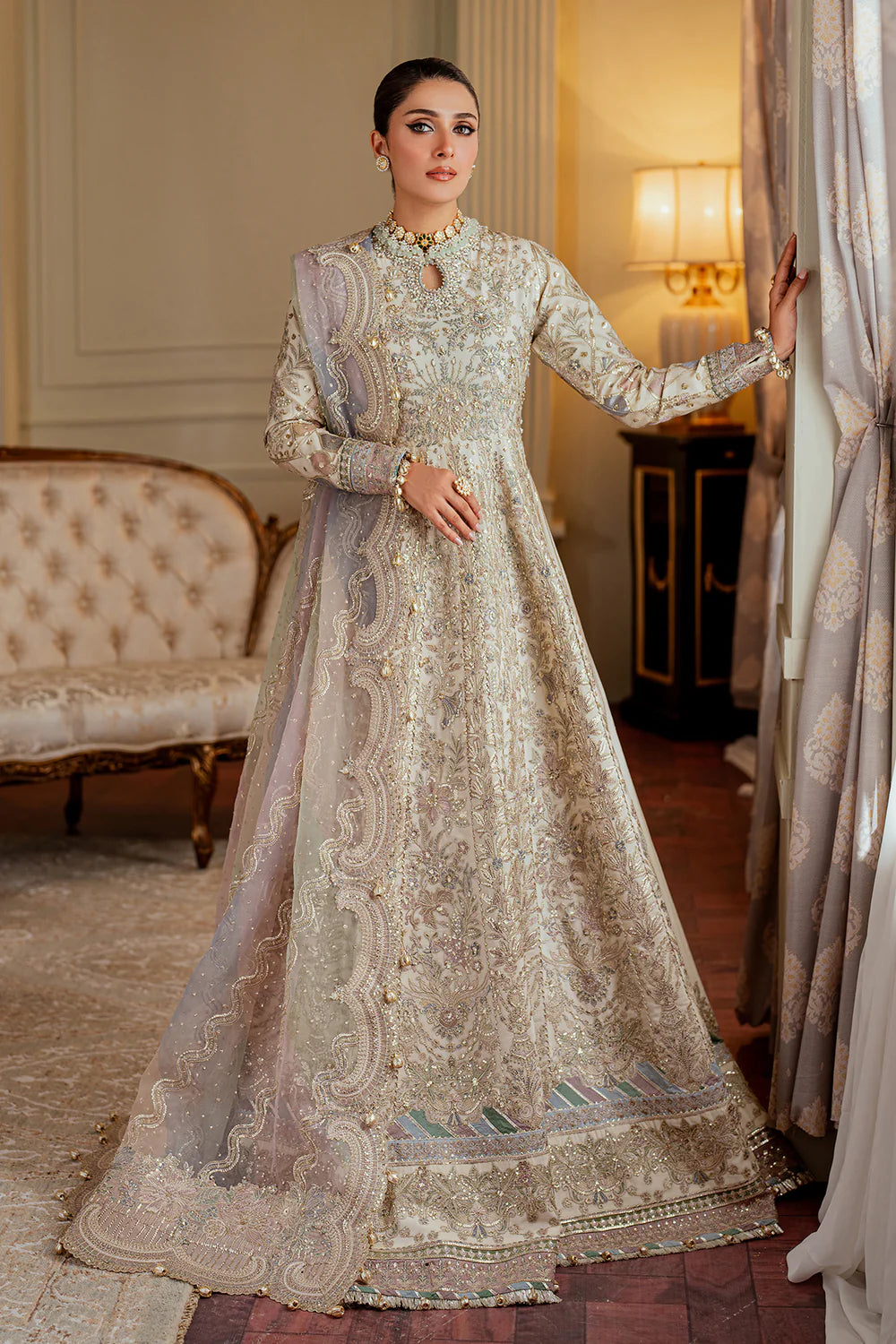 Light Beige Embroidered Anarkali Set Net / Linen / XS(34)