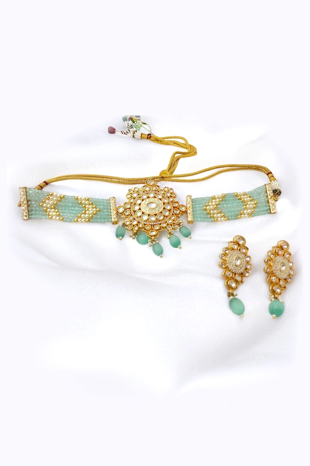 Buy Kundan Polki & Pearl Aqua Green Enameled Choker Necklace Set 