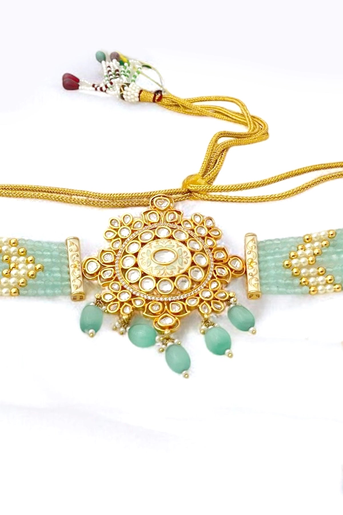 Buy Kundan Polki & Pearl Aqua Green Enameled Choker Necklace Set 