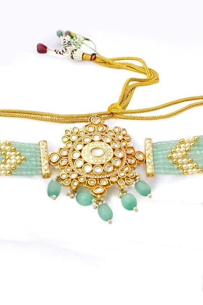 Buy Kundan Polki & Pearl Aqua Green Enameled Choker Necklace Set Buy Kundan Polki & Pearl Aqua Green Enameled Choker Necklace Set 