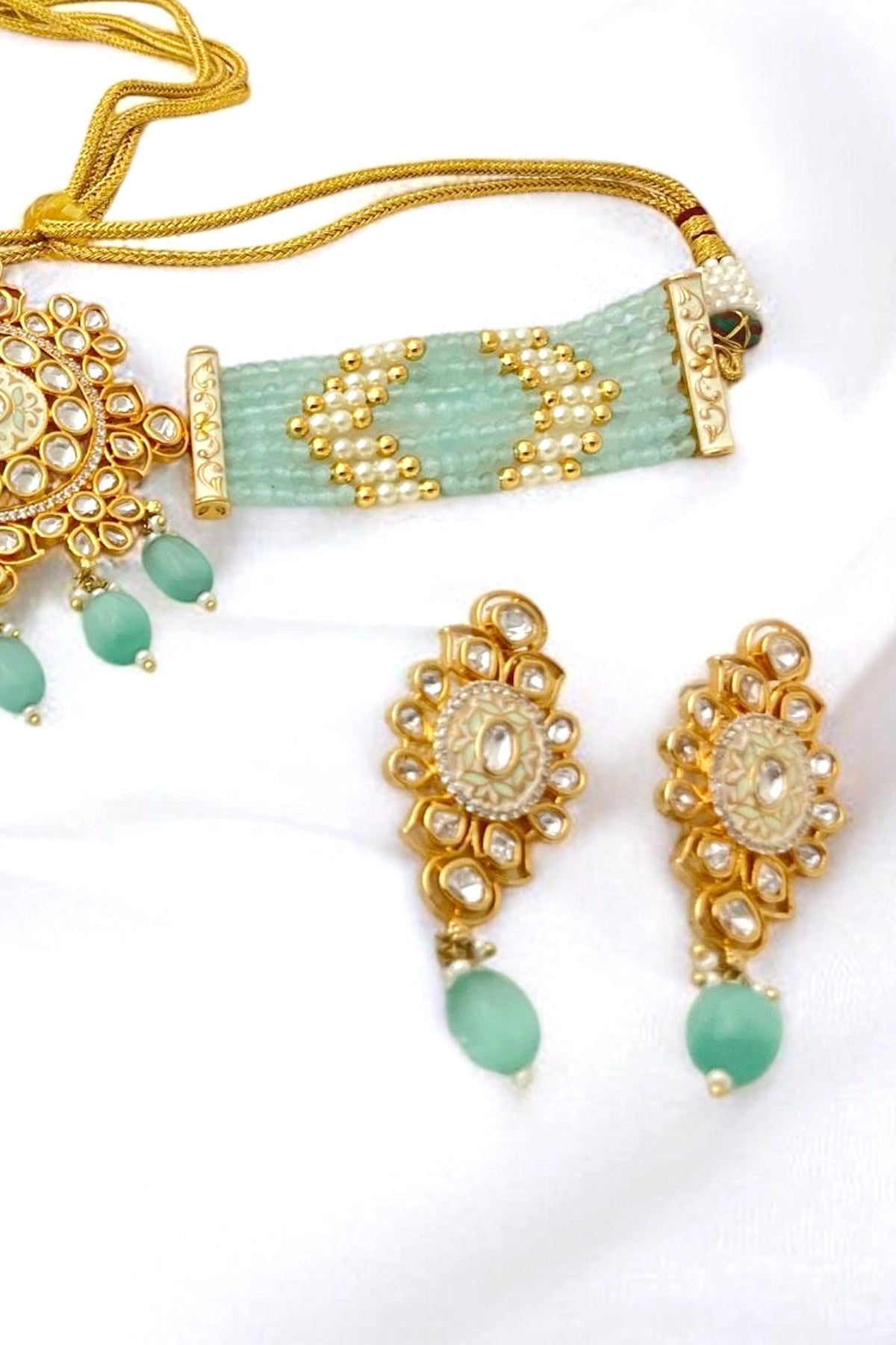 Buy Kundan Polki & Pearl Aqua Green Enameled Choker Necklace Set 