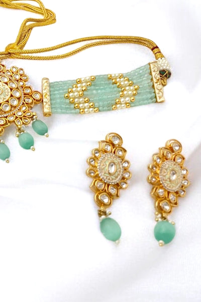Buy Kundan Polki & Pearl Aqua Green Enameled Choker Necklace Set Buy Kundan Polki & Pearl Aqua Green Enameled Choker Necklace Set 