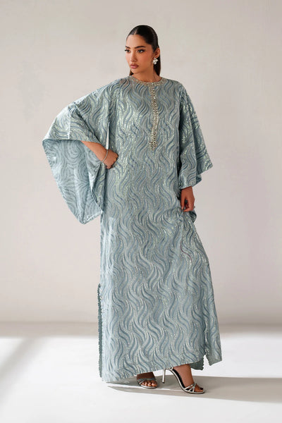 Sky Blue Wavy Embroidered Chiffon Kaftan Set, Chiffon / PowderBlue / L(40)