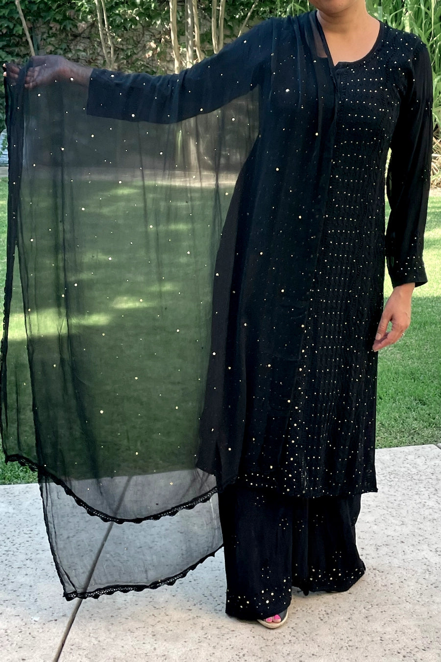 Black Georgette Chikankari Mukaish Work Kurta Palazzo Set