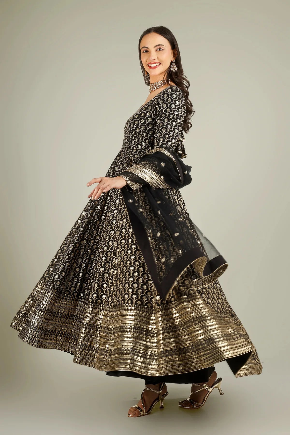 Buy Black Embroidered Chinon Silk Anarkali Suit Set Online ...