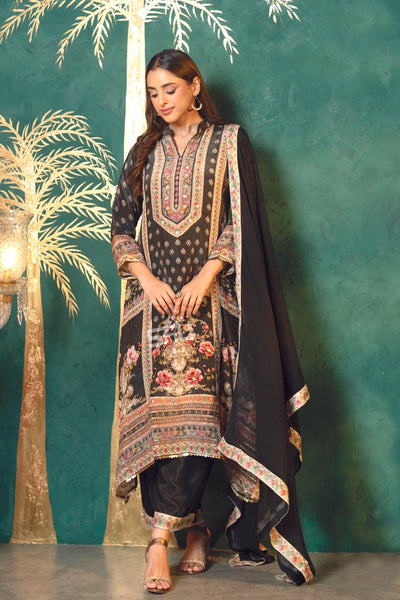  Black Crepe Silk Printed Palazzo Suit 